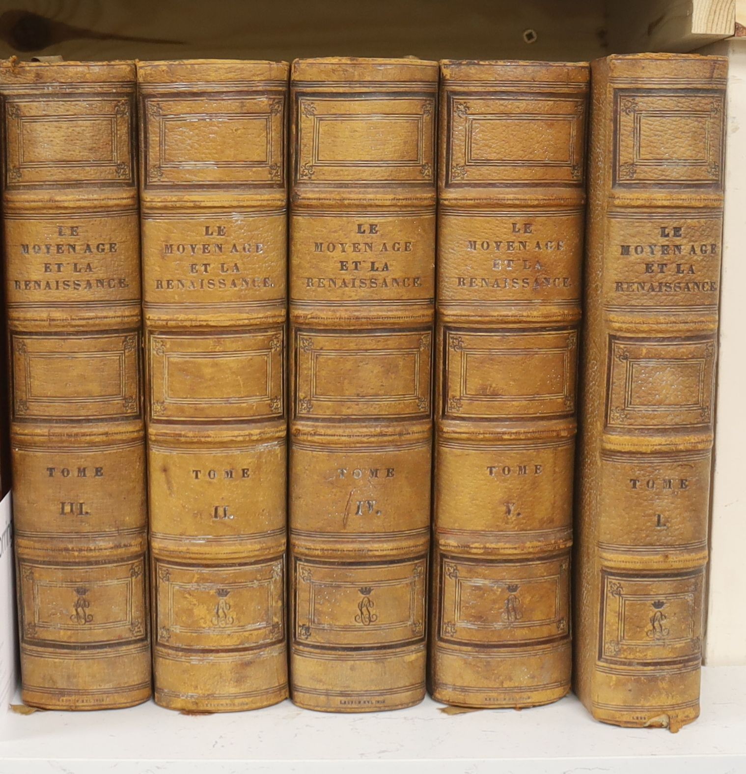 Lacroix, Paul and Sere, Ferdinand. Le Moyen Age et la Renaissance..... 5 vols. num. plates (some colour printed) and text illus.; later 19th cent. blind ruled half morocco and buckram, decorated and panelled spines, gilt